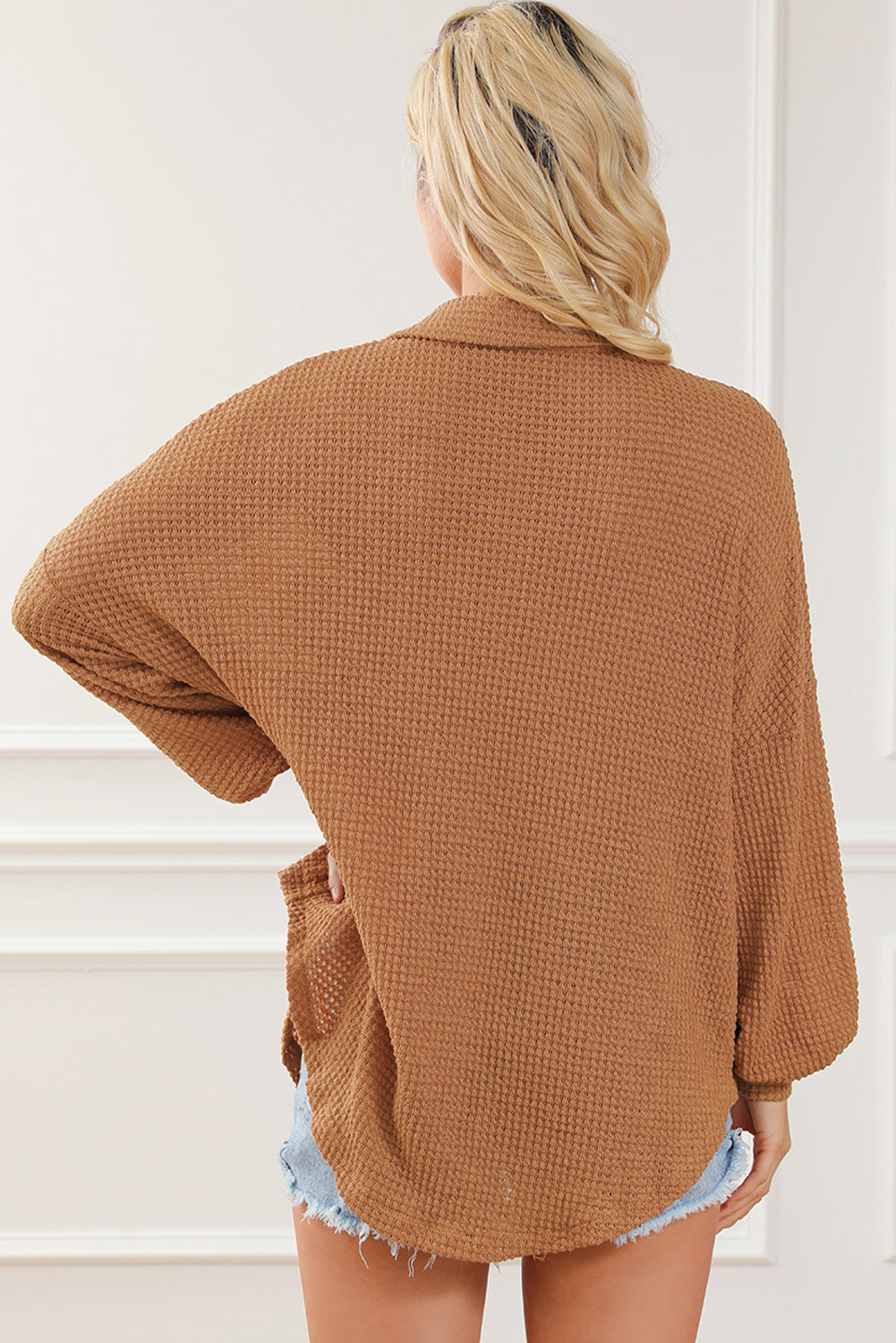 Brown Waffle Knit Button Up