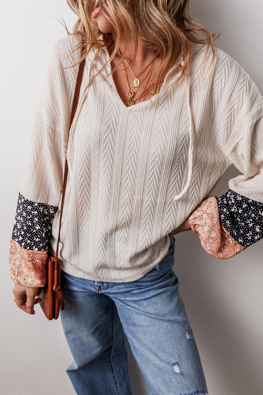 Beige Floral Patchwork Long Sleeve Shirt