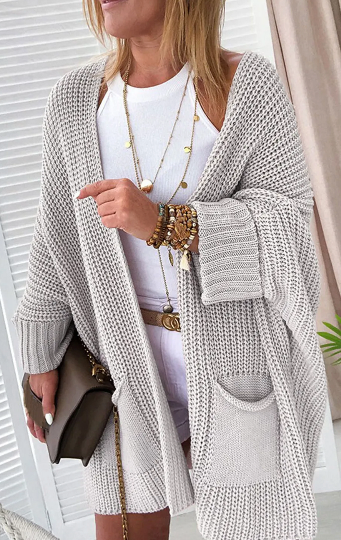 Gray Oversized Fold Over Sleeve Sweater Cardigan