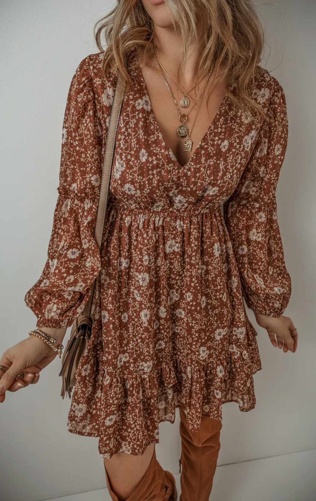 Brown Boho Floral Ruffled Puff Sleeve V Neck Mini Dress