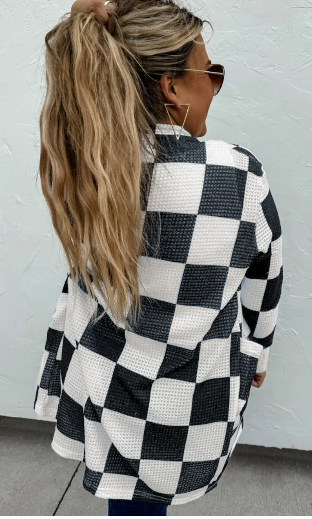 Black Checkered Waffle Knit Thumbhole Open Front Cardigan