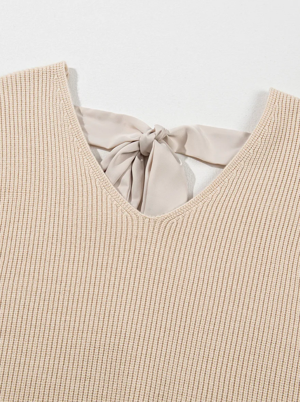 Apricot Lantern Sleeve V Neck Knot Back Sweater