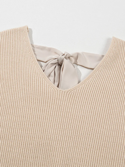 Apricot Lantern Sleeve V Neck Knot Back Sweater