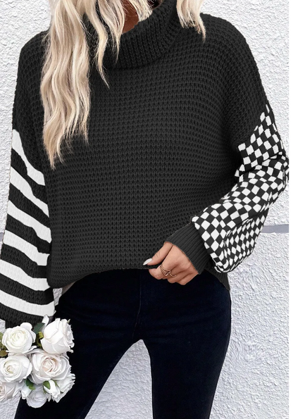 Black Striped Plaid Patchwork Waffle Knit Turtleneck Sweater