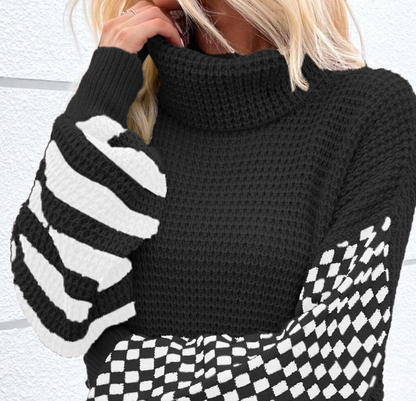 Black Striped Plaid Patchwork Waffle Knit Turtleneck Sweater