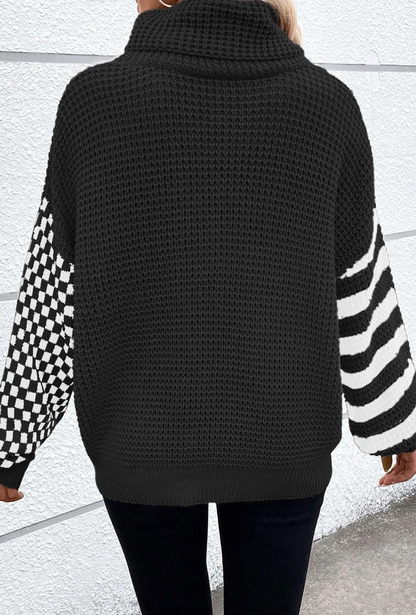 Black Striped Plaid Patchwork Waffle Knit Turtleneck Sweater