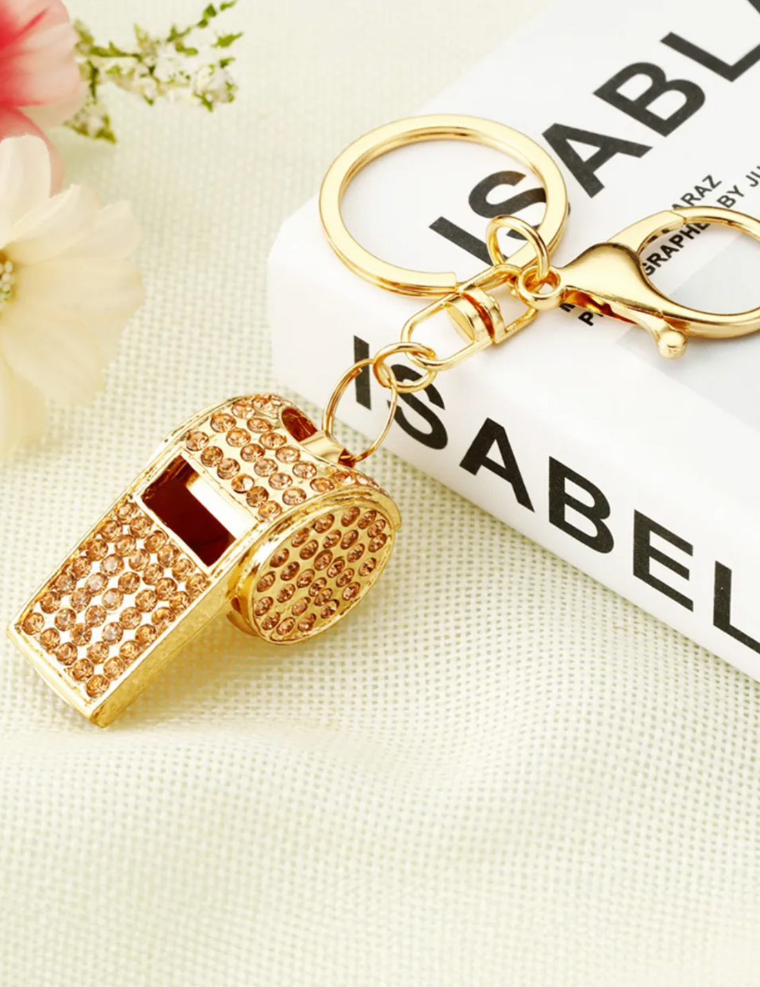 Gold Rhinestone Whistle Pendant Plated Alloy Key Chain