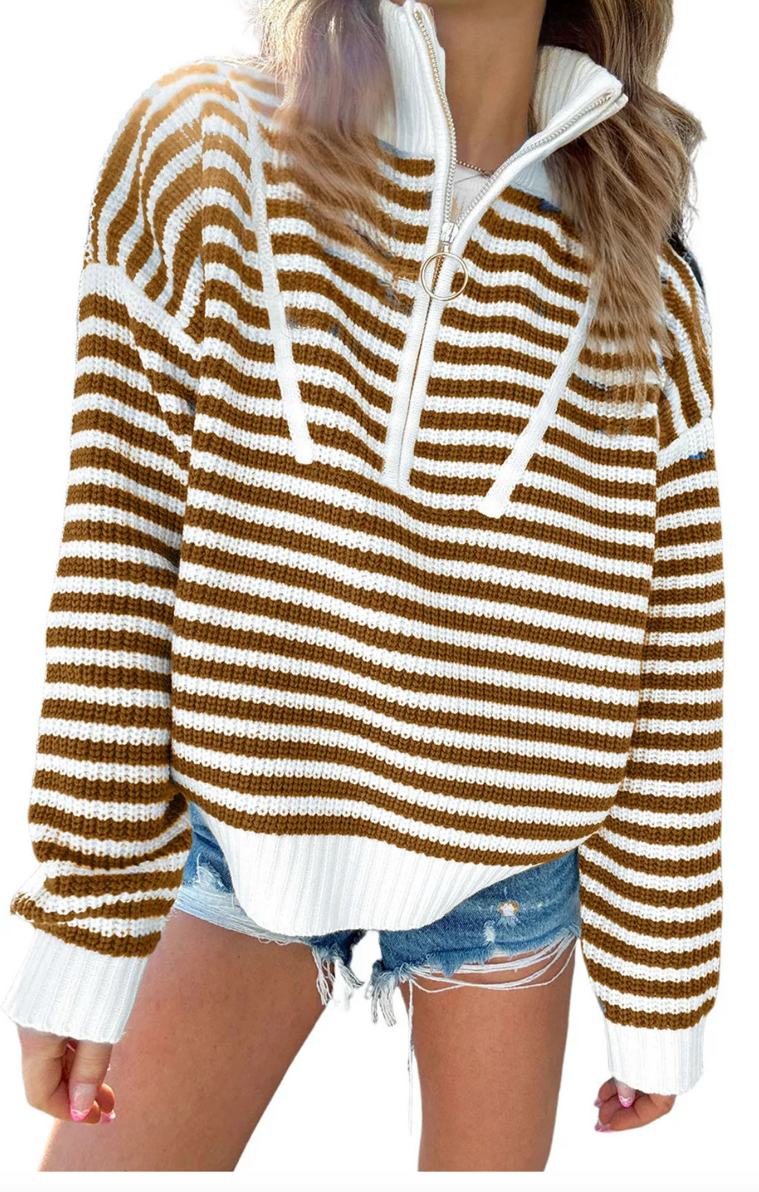 Khaki Stripe Zip up Collar Drop Shoulder Sweater