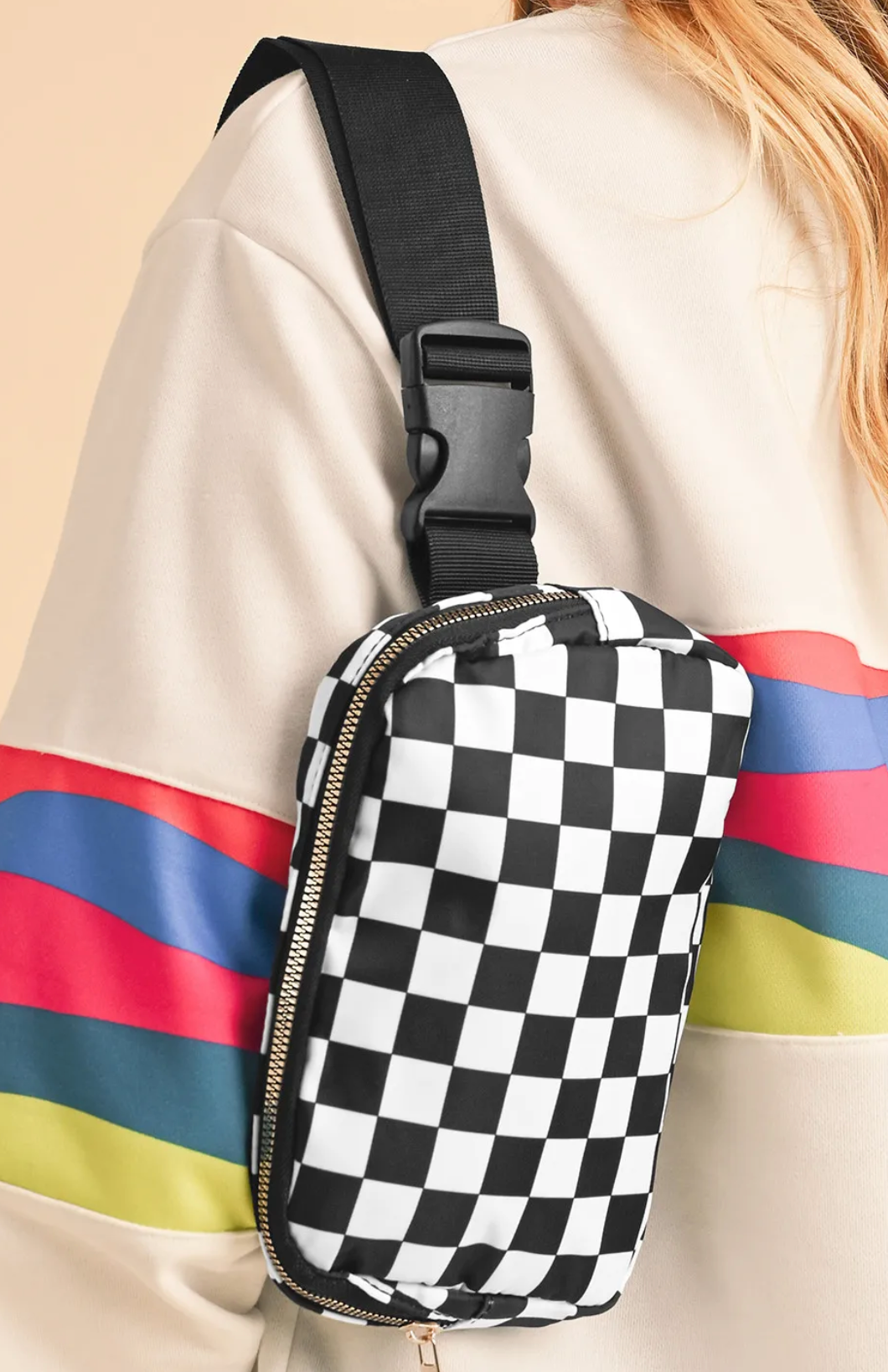 White Checkered Print Buckle Wide Belt Crossbody Bag