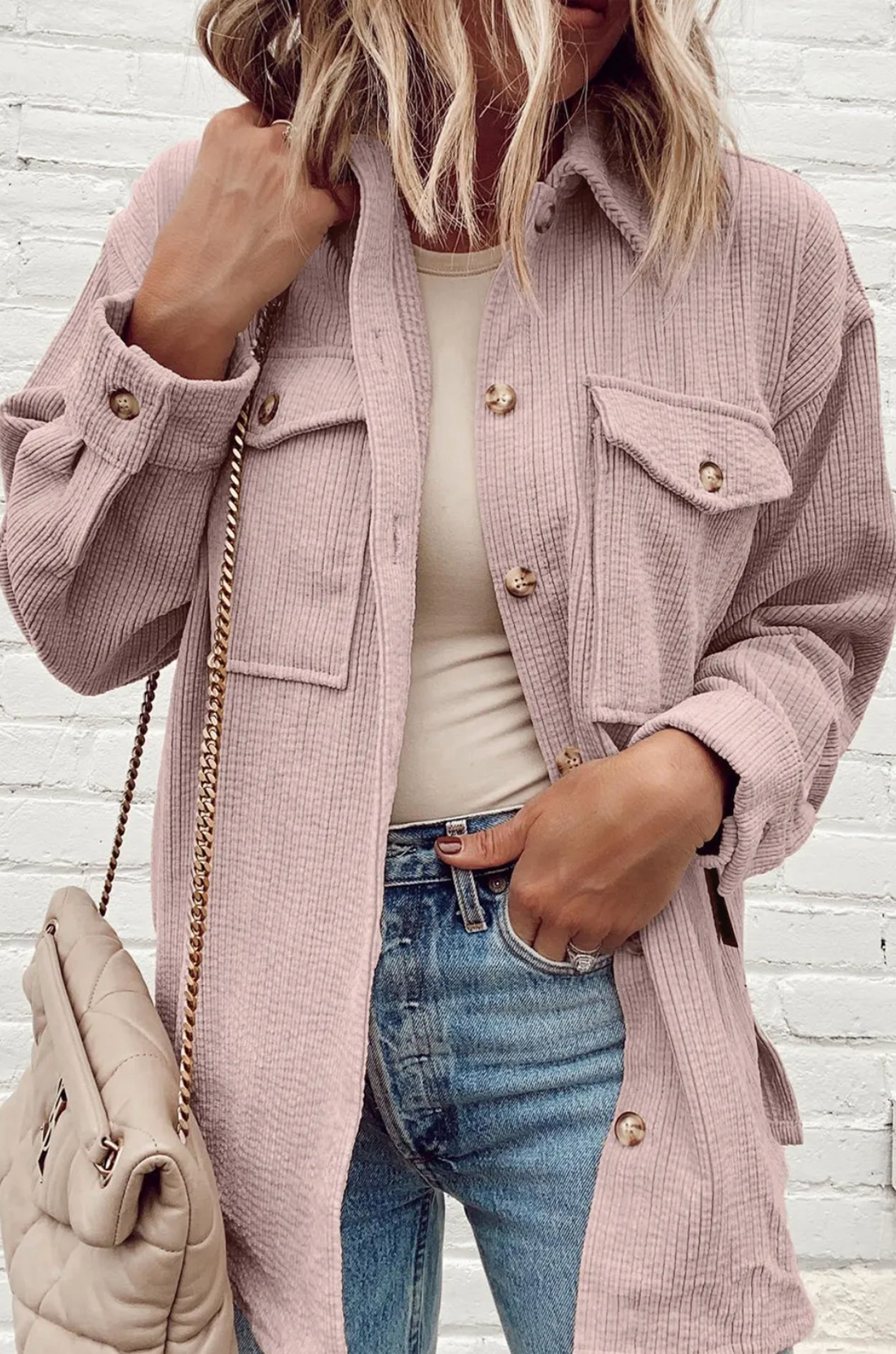 Light Pink Corduroy Flap Pocket Button Up Shacket