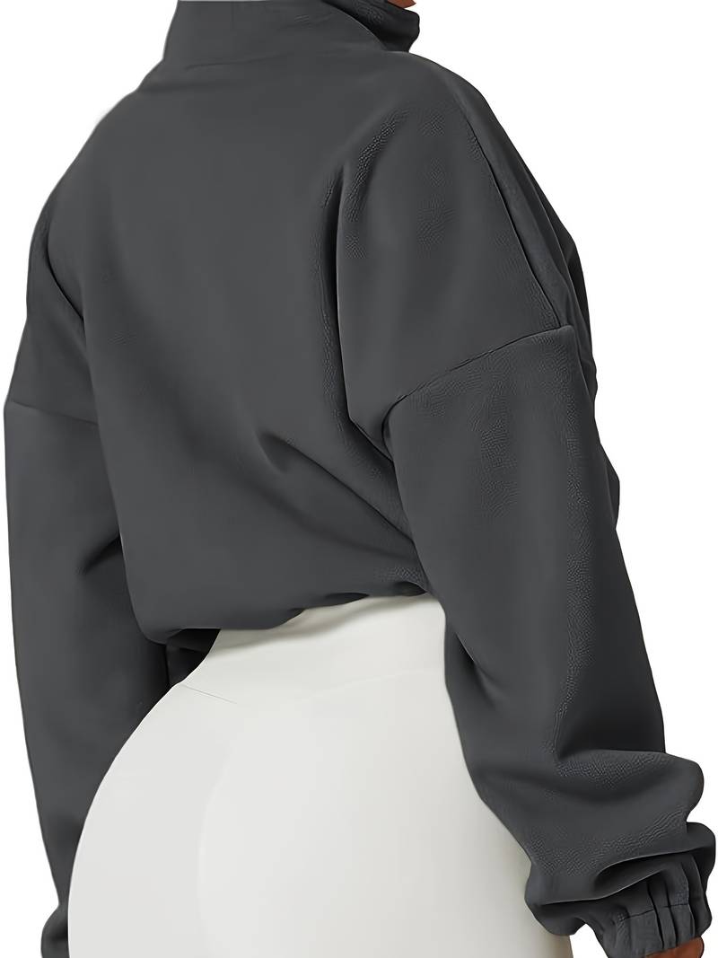 Dark Grey Casual Long Sleeve Stand Collar Zipper Crop Sweatshirt