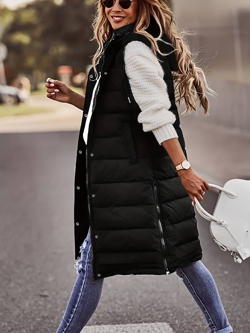 Black Hooded Puffy Sleeveless Casual Long Coat