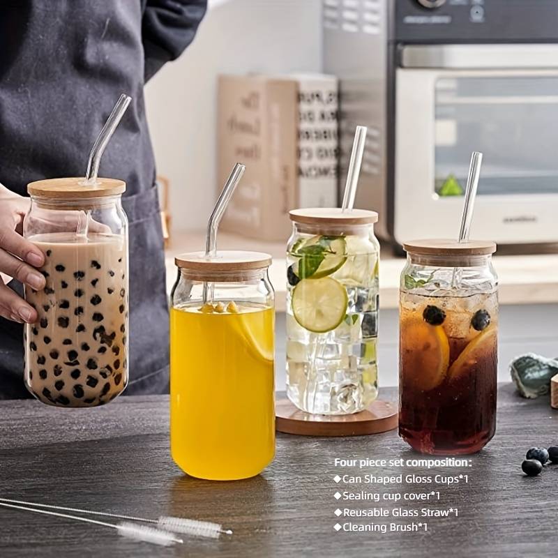Tall Glass Water Bottle with Glass Straw, Bamboo Lid and Cleaning Brush