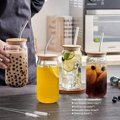 Tall Glass Water Bottle with Glass Straw, Bamboo Lid and Cleaning Brush