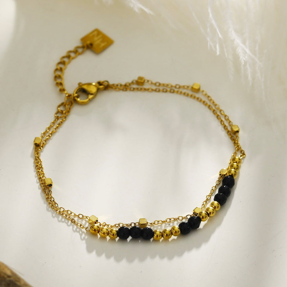 Hackney Nine HILDA Two-in-One Square Beads &amp; Round Beads in Black &amp; Gold Bracelet.