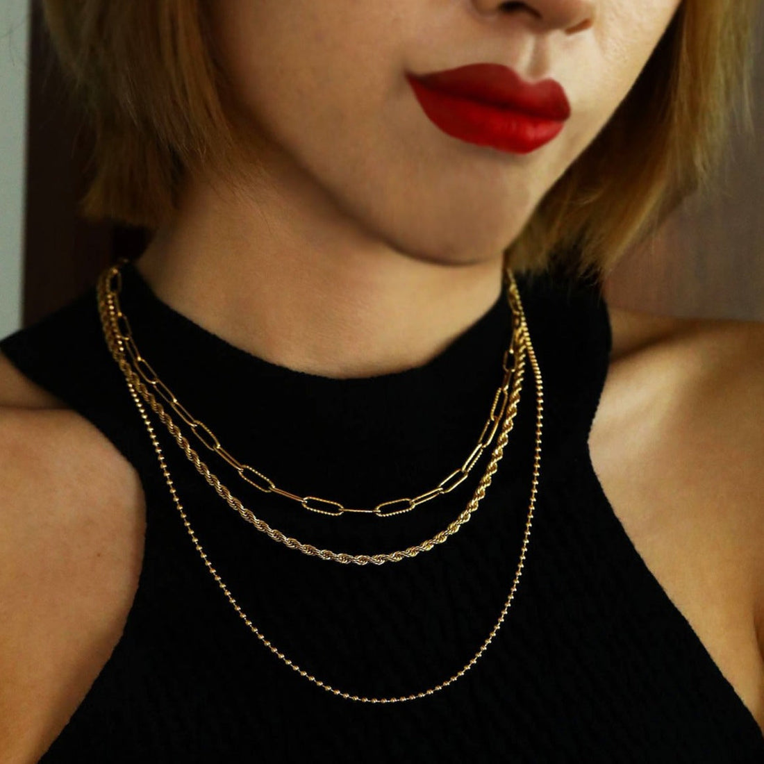 Hackney Nine SELENE Triple Layer Mixed Chain Gold Necklace