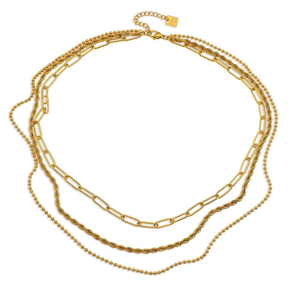 Hackney Nine SELENE Triple Layer Mixed Chain Gold Necklace