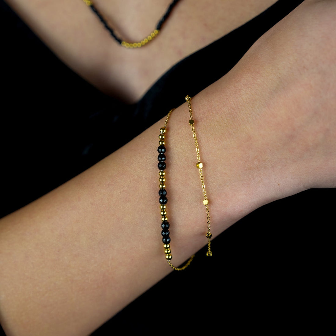 Hackney Nine HILDA Two-in-One Square Beads &amp; Round Beads in Black &amp; Gold Bracelet.