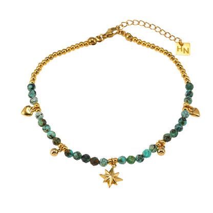 Hackney Nine KAVYA LG  Blue Turquoise Stones with Gold Beads &amp; Charms Chain Anklet