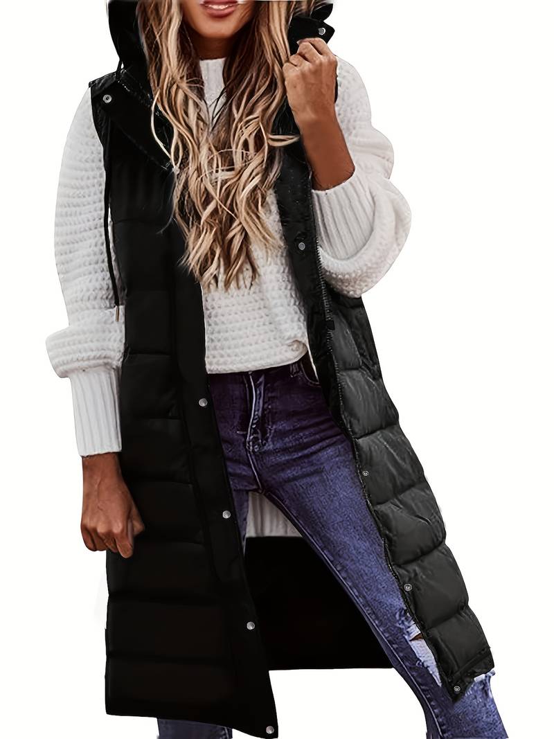 Black Hooded Puffy Sleeveless Casual Long Coat