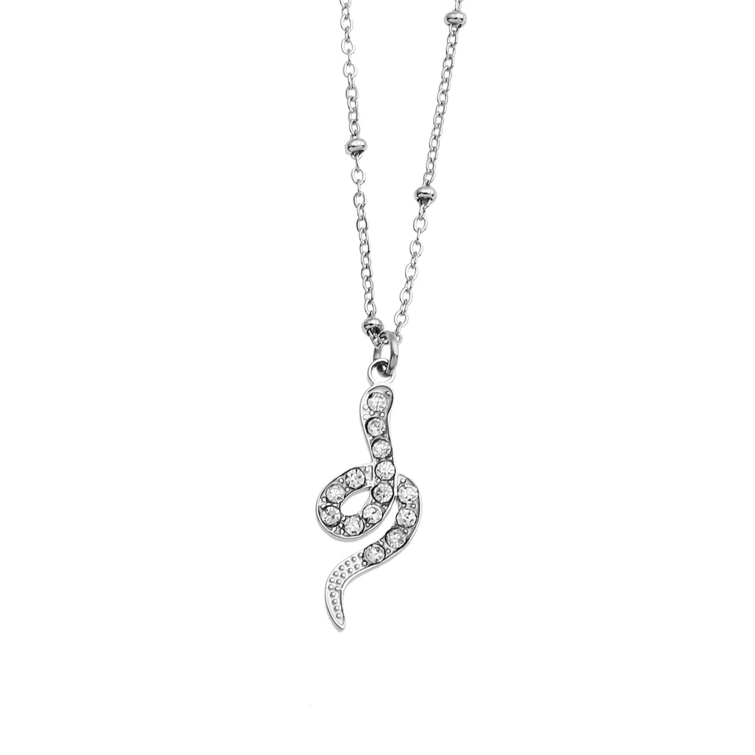 Hackney Nine RIHANNA Silver Beaded Chain Necklace with a Pavé Zirconia Serpent Pendant in Silver