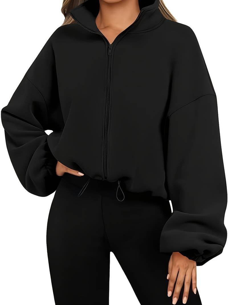 Black Casual Long Sleeve Stand Collar Zipper Crop Sweatshirt