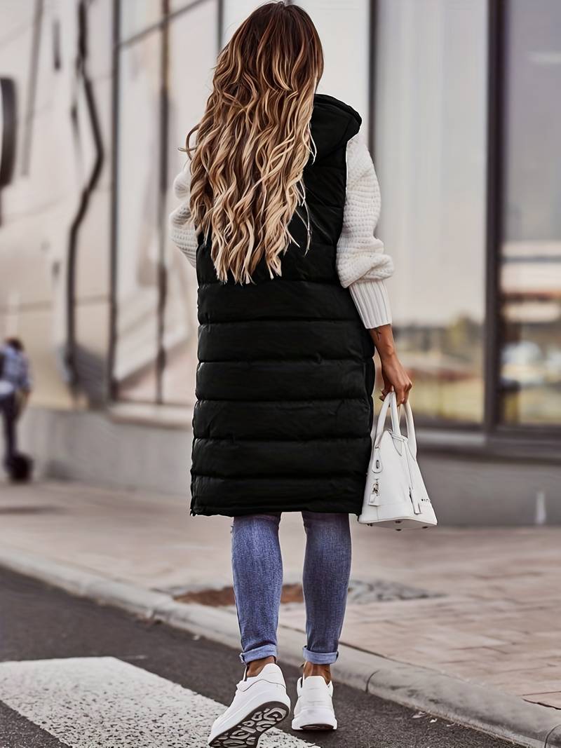 Black Hooded Puffy Sleeveless Casual Long Coat